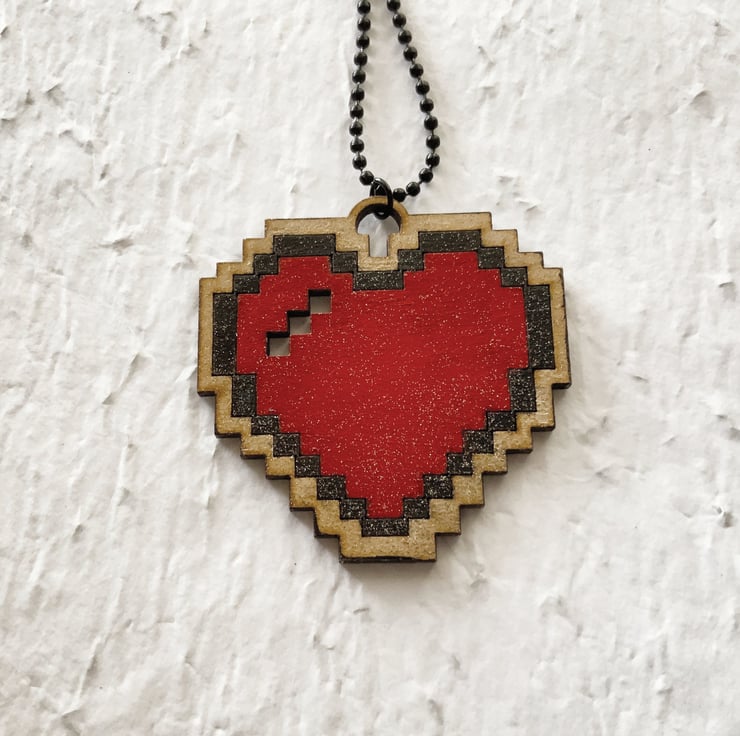 Pixel Heart pendant, 8-bit heart hand painted wooden pendant