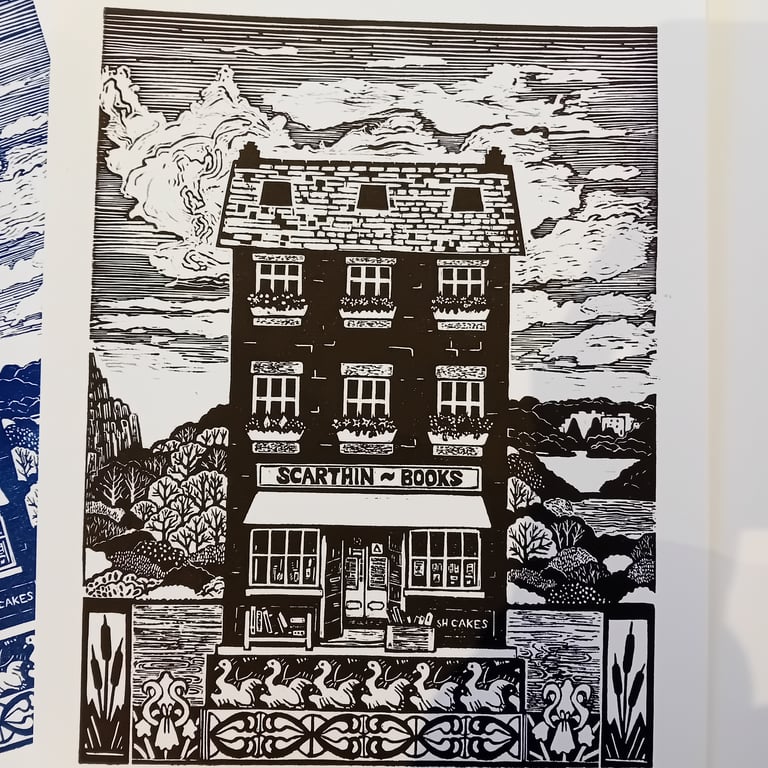 Lino Print of a Derbyshire Bookshop Black
