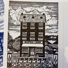 Lino Print of a Derbyshire Bookshop Black