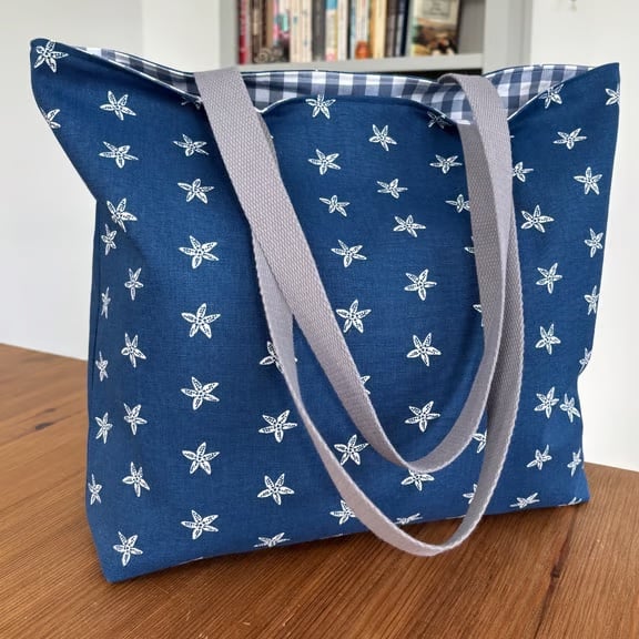 Navy starfish print cotton tote bag, shopping bag, with blue gingham lining