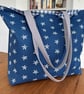 Navy starfish print cotton tote bag, shopping bag, with blue gingham lining