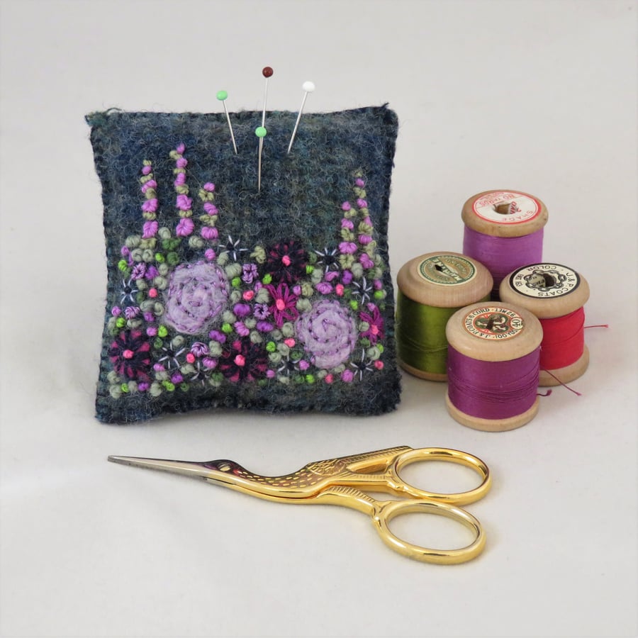 SALE Purple Garden Felted Pincushion on recycled tweed Green and Blue Tweed