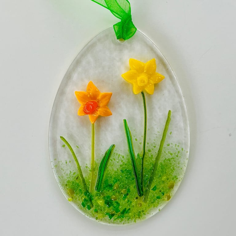 Fused glass Easter egg hanging decoration with daffodils