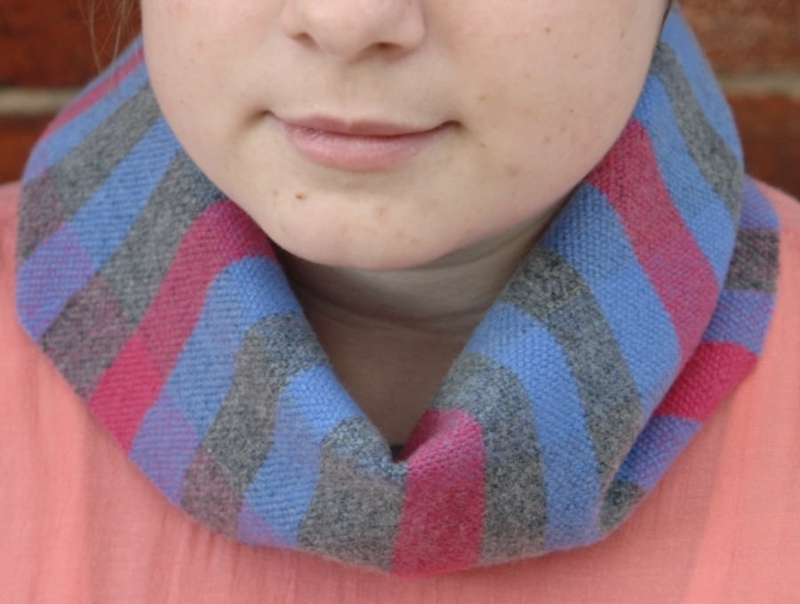 Hand Woven Lambswool Scarf Collar - Blue, Grey, Pink