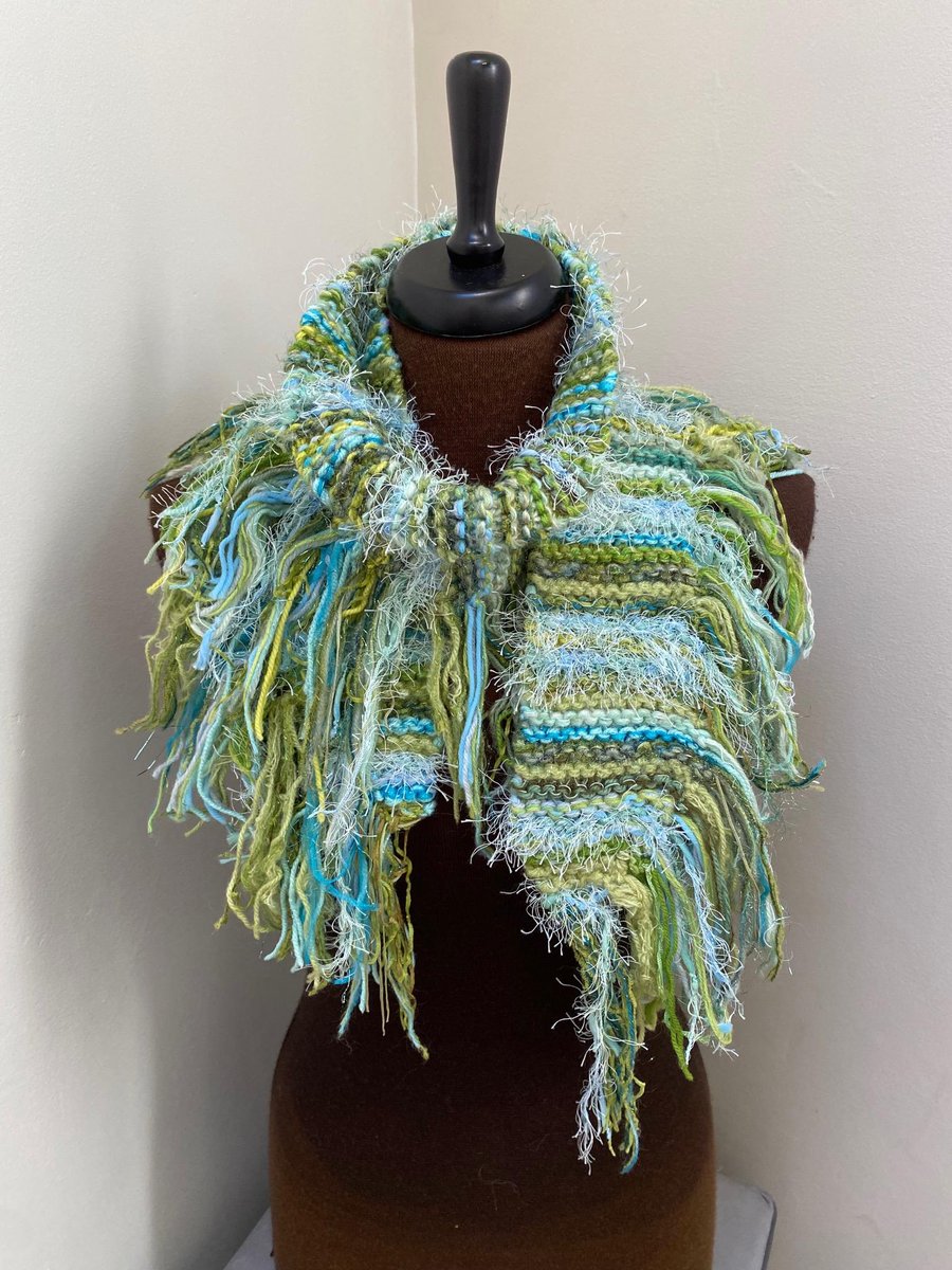 Hand Knitted Textured Scarf with Fringe, mossy mix of blues and greens