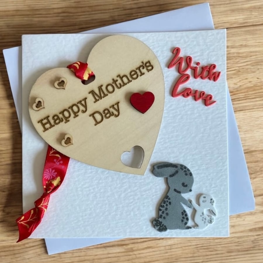 Mother’s Day Card with Wooden Heart Keepsake – Handmade Bunny Design