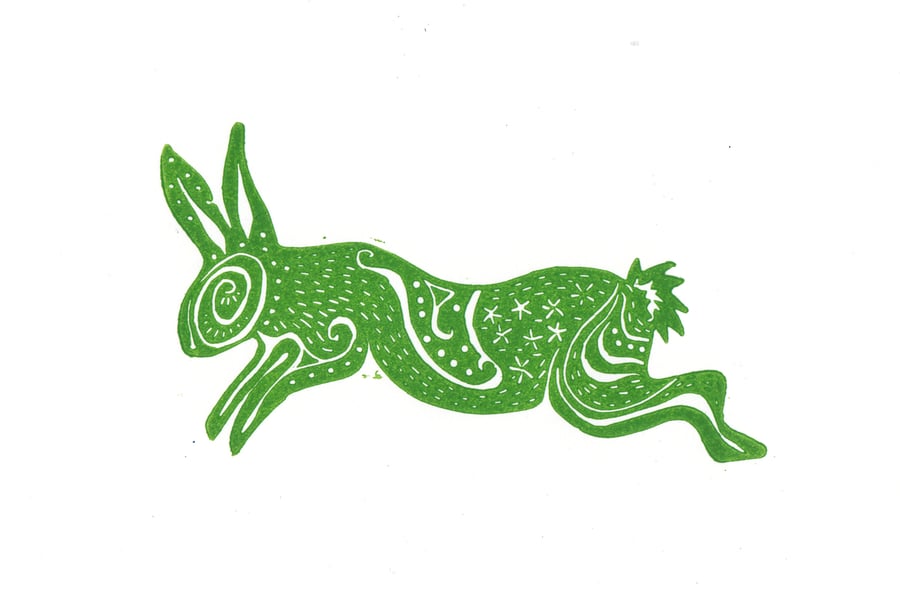 Original lino cut print "Spiral Rabbit Green"