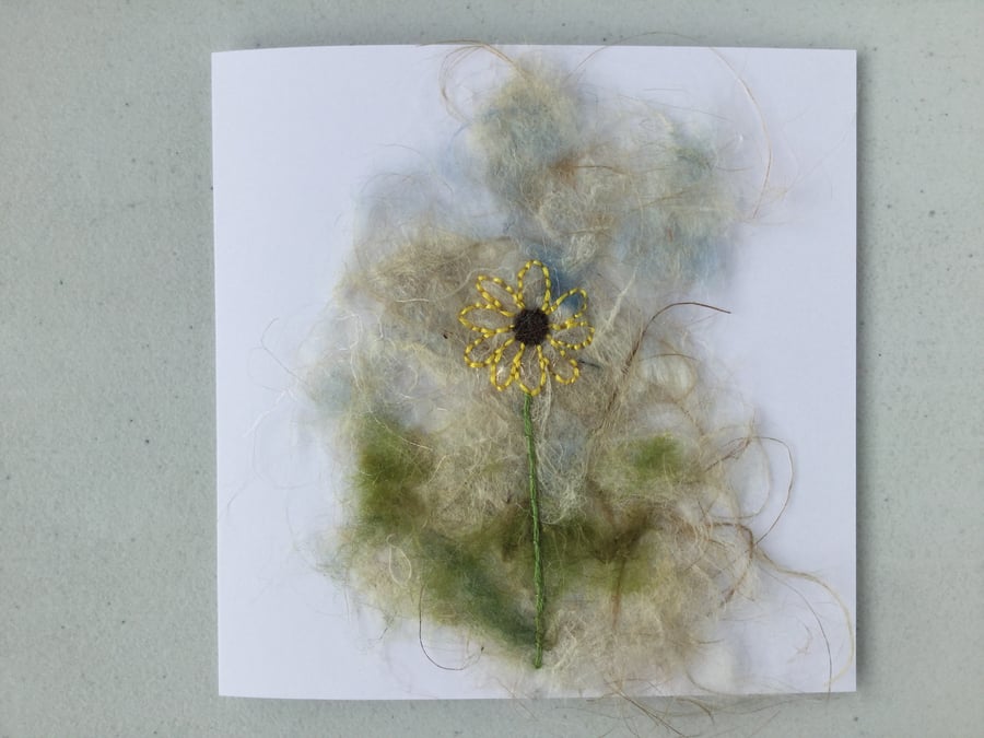 Embroidered sunflower on handmade silk paper blank greeting card
