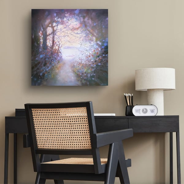 Out of the Woods is a snowy winter landscape painting with deer