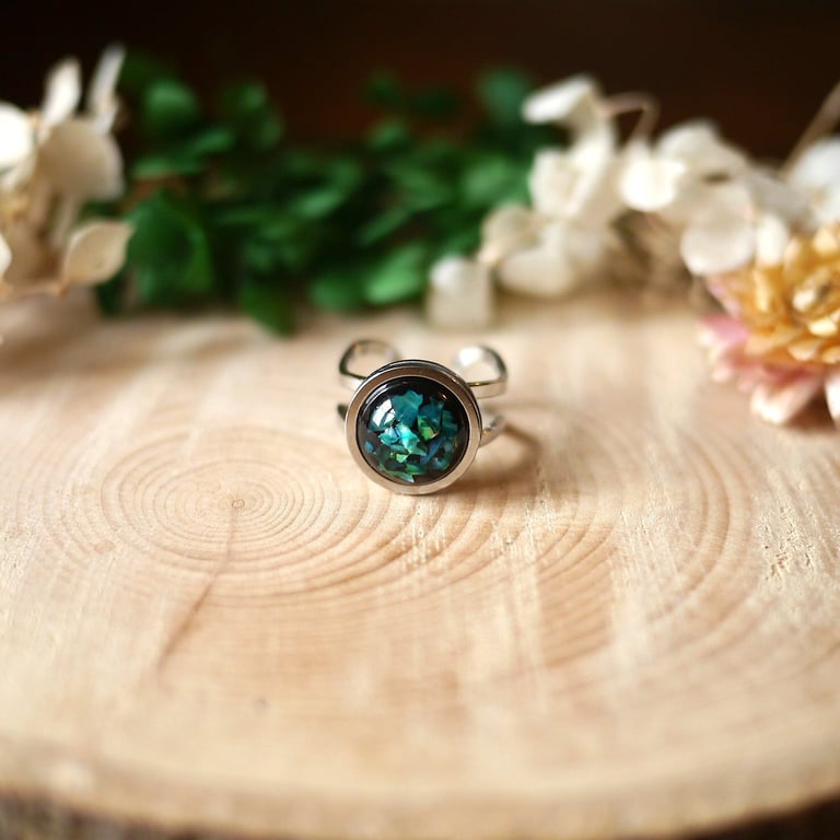 Emerald Green Abalone Shell Adjustable Ring Hypoallergenic Stainless Steel