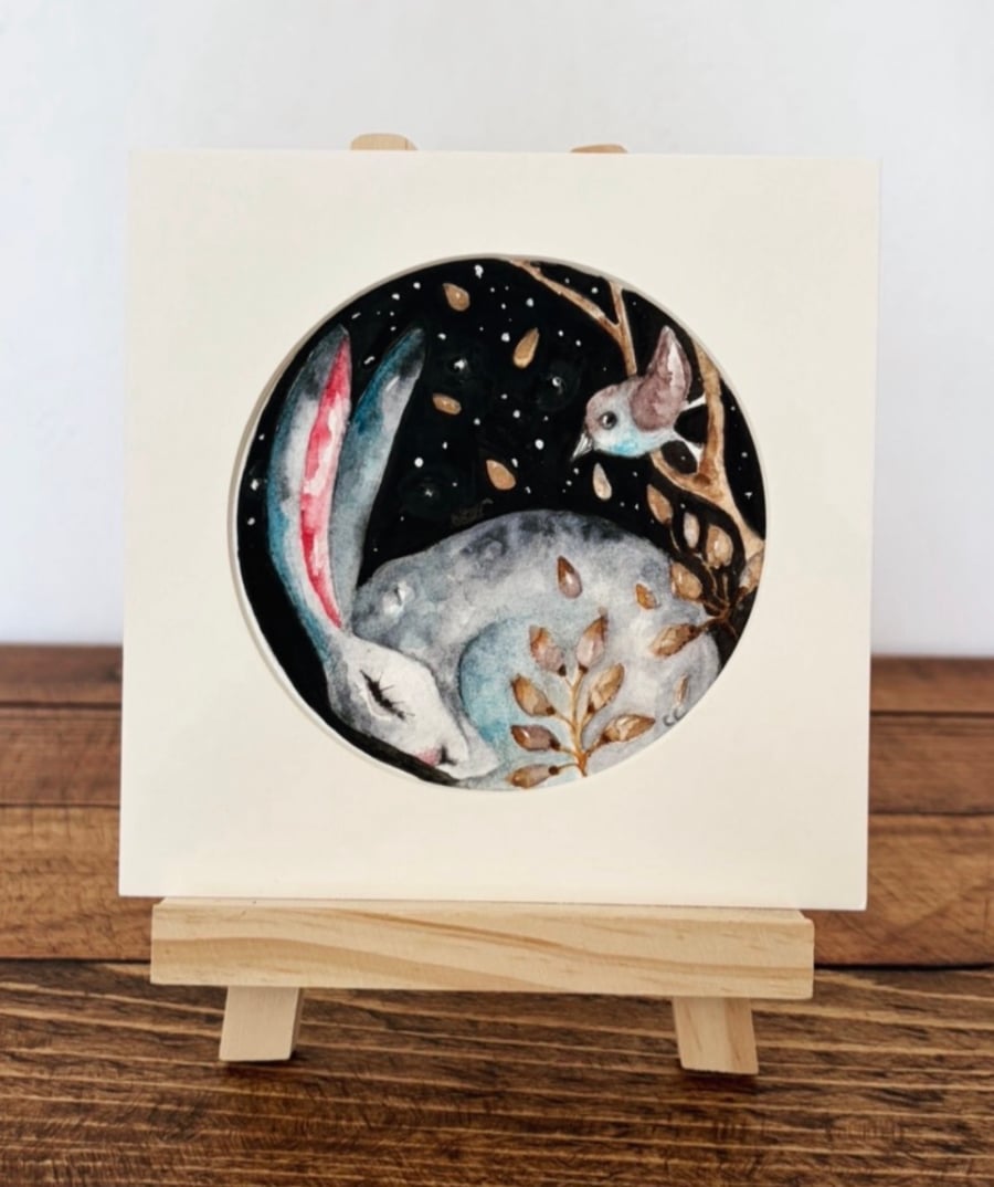  Mounted Original Circular Watercolour Painting Resting Hare Rabbit and Bird Art