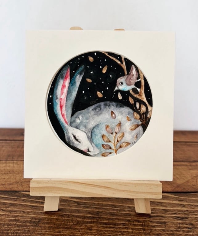  Mounted Original Circular Watercolour Painting Resting Hare Rabbit and Bird Art