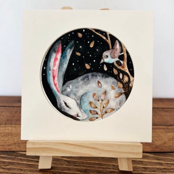  Mounted Original Circular Watercolour Painting Resting Hare Rabbit and Bird Art