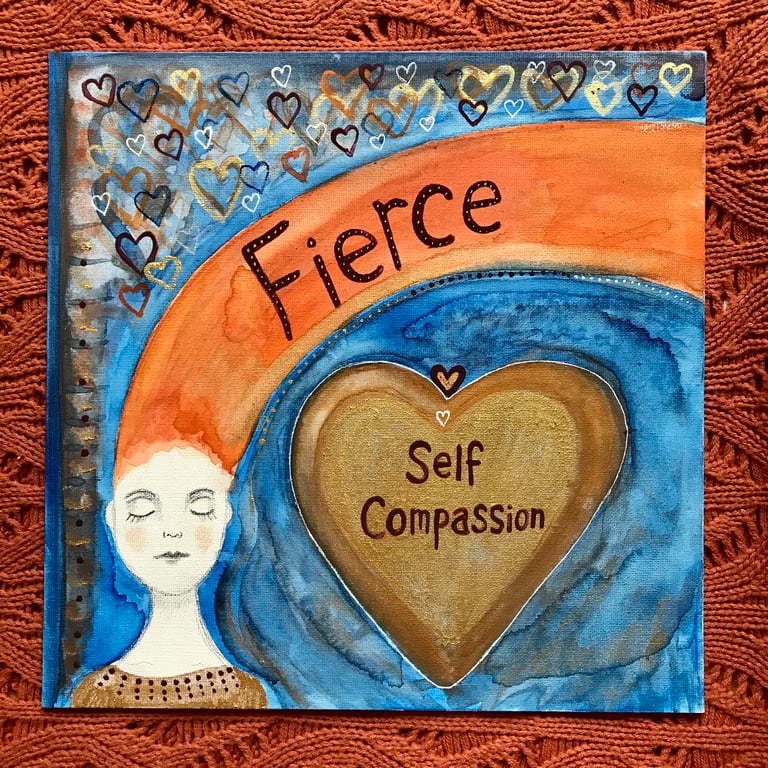 SALE!!!! Original 12" painted canvas panel, "Fierce self compassion"
