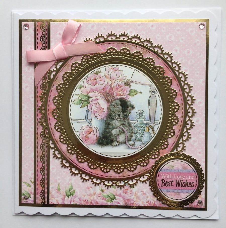 Cat Card With Love and Best Wishes Kitten Necklace Vintage Roses 3D Luxury