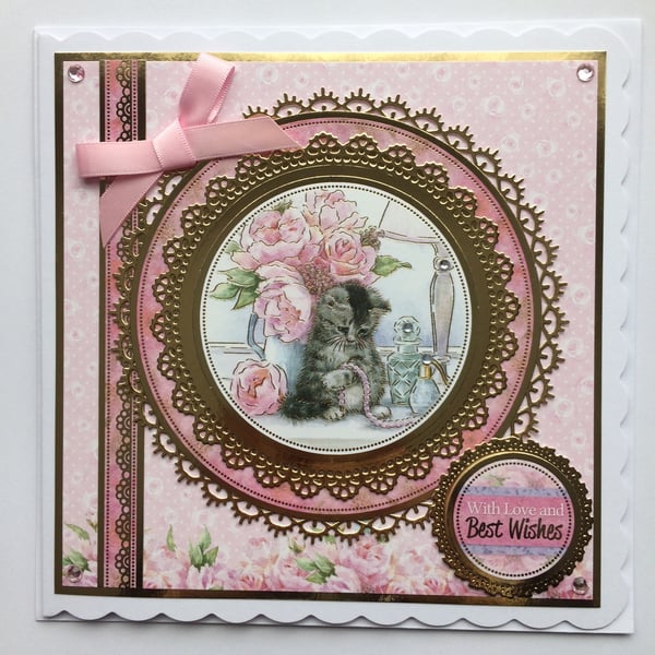 Cat Card With Love and Best Wishes Kitten Necklace Vintage Roses 3D Luxury