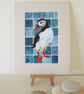 Puffin bird. Original mounted acrylic painting on tile look background  - Image 3