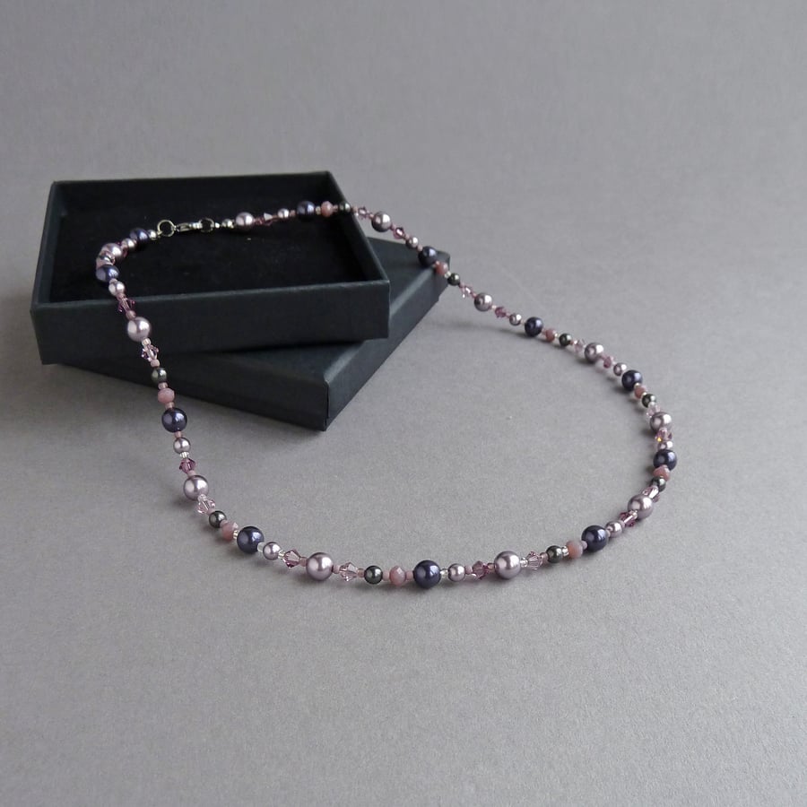 Dusty Purple Beaded Necklace - Dark Purple and Lilac Pearl Necklaces - Jewellery