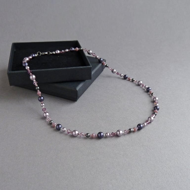 Dusty Purple Beaded Necklace - Dark Purple and Lilac Pearl Necklaces - Jewellery