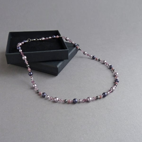 Dusty Purple Beaded Necklace - Dark Purple and Lilac Pearl Necklaces - Jewellery