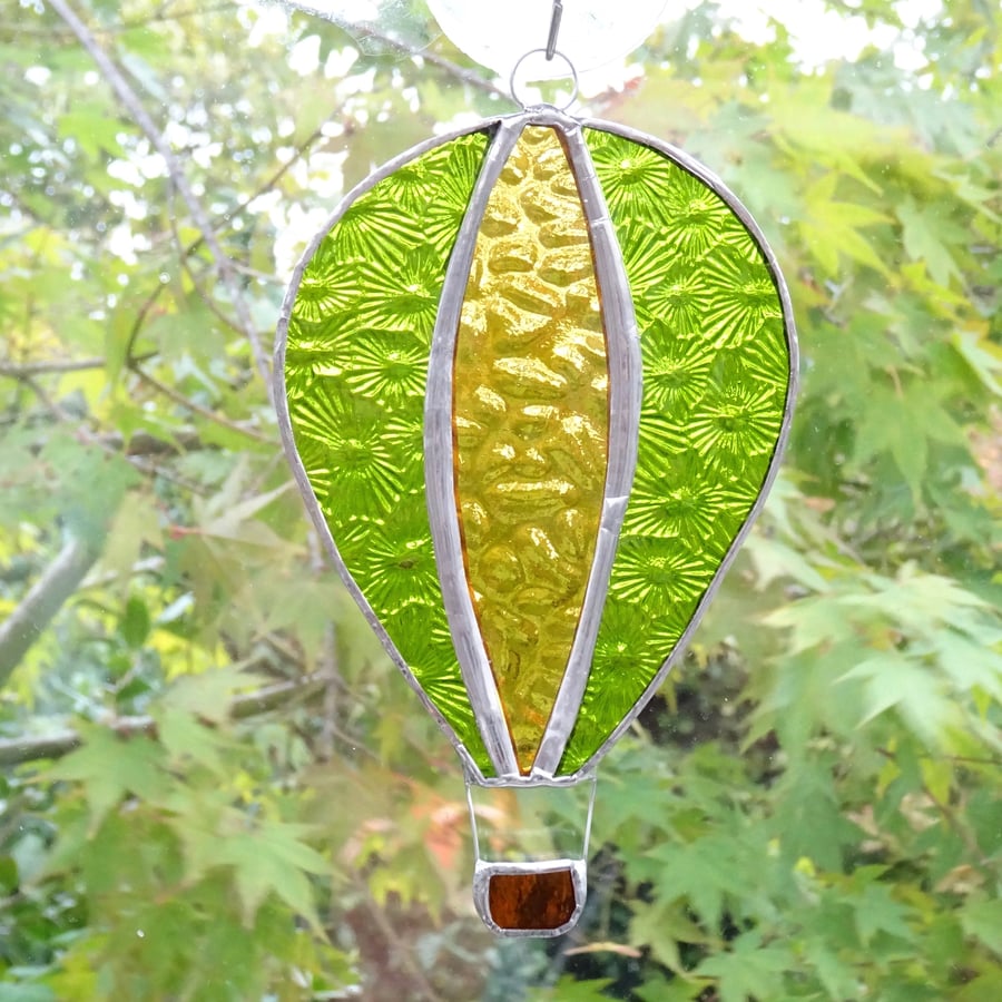 Stained Glass Hot Air Balloon Suncatcher - Handmade Decoration - Lime and Amber