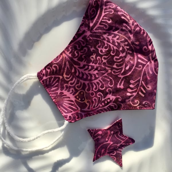 Woman’s Face Mask, Batik, Nose Wire, Breathable, Filter Pocket, Cotton, Pink