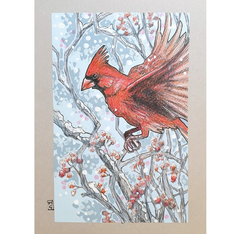 Red Cardinal in flight original drawing, winter bird artwork, small wall art