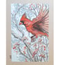 Red Cardinal in flight original drawing, winter bird artwork, small wall art - Image 1