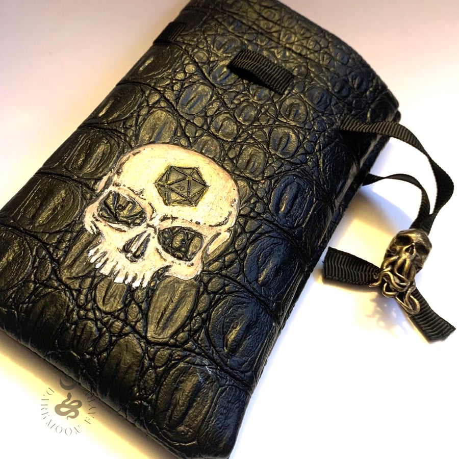 Hand Painted Skull Vegan Leather Dice Pouch. Cthulhumanoid Skull Brass Toggle
