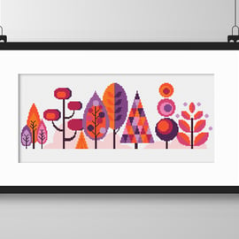 050H - Cross Stitch Scandinavian Forest Trees - Pink-Orange-Purple colourway