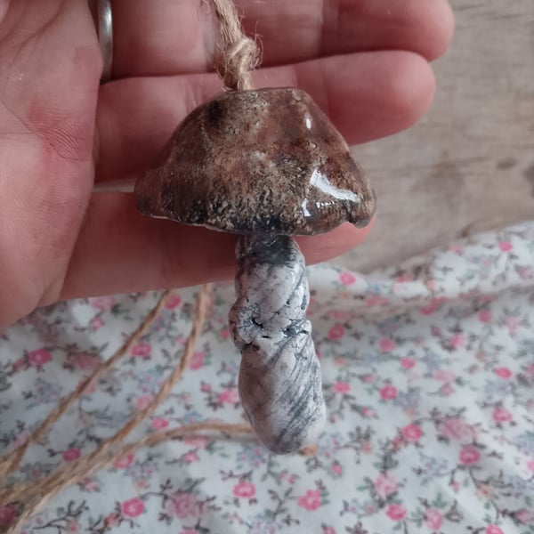 ceramic hanging mushroom brown small