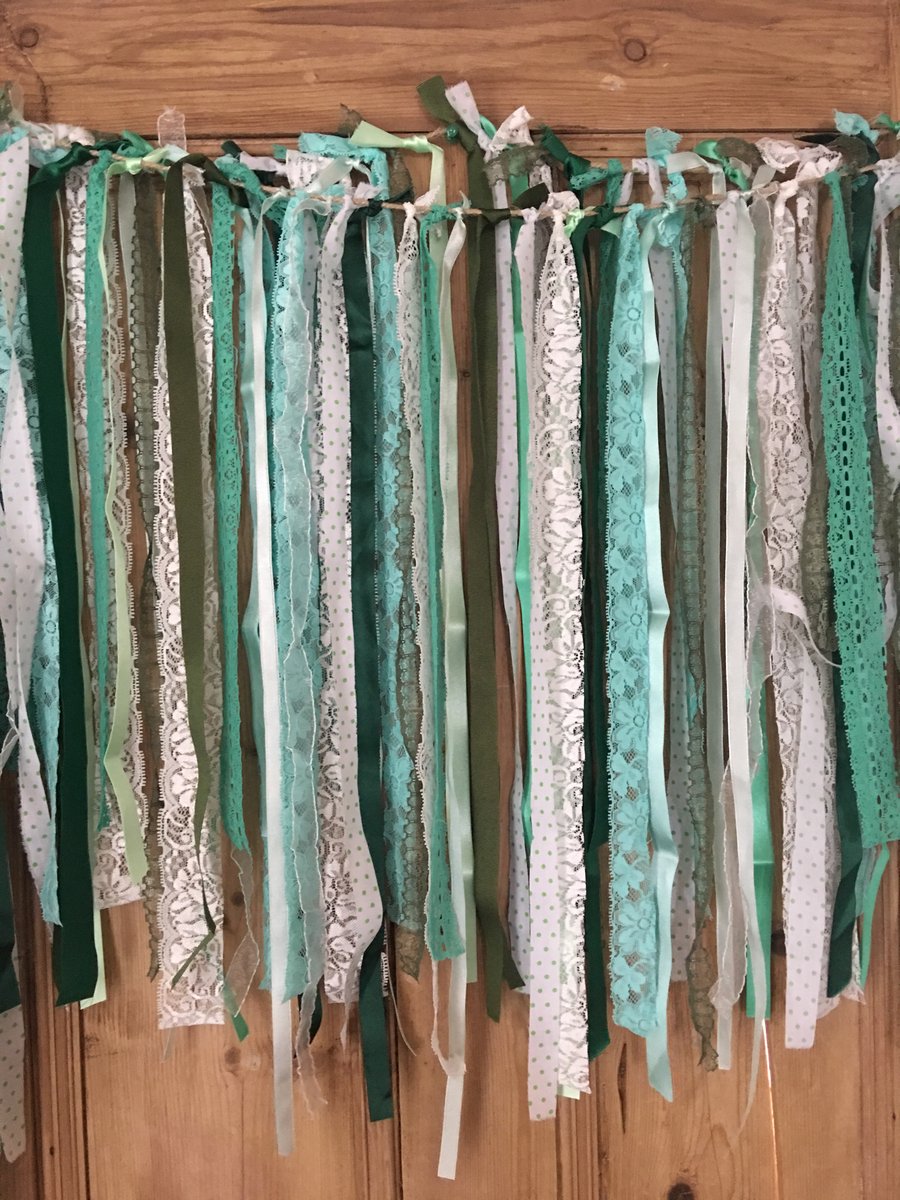 Shades of green  Shabby chic boho lace & ribbon rag tie garland 