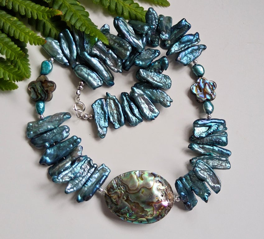 Rare Teal Biwa & Kewi Freshwater Pearl, & Abolone Shell Pearl Necklace 