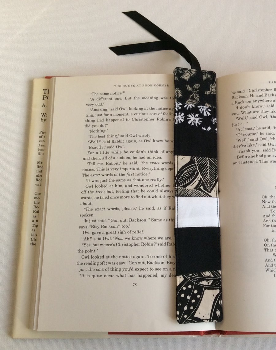 Fabric bookmark, black and white patchwork