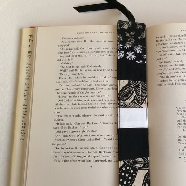 Fabric bookmark, black and white patchwork