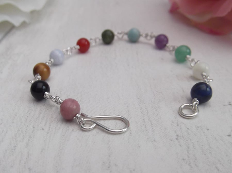 Mixed crystal gemstones bead bracelet with recycled silver wire wrapped links