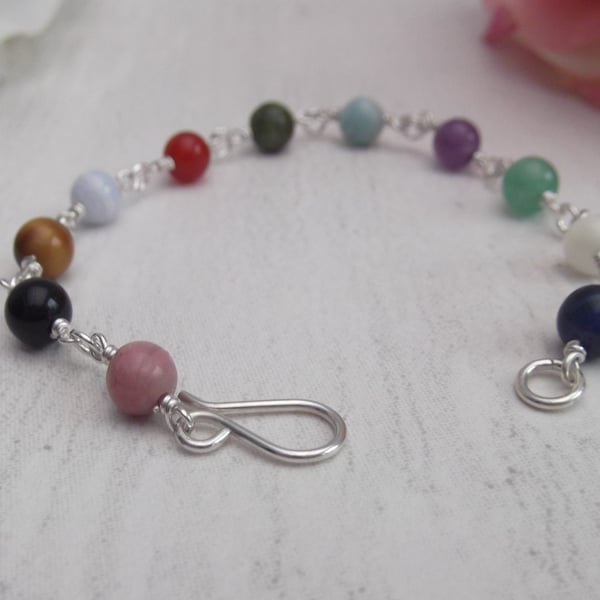 Mixed crystal gemstones bead bracelet with recycled silver wire wrapped links