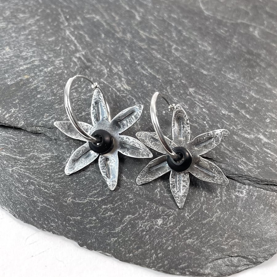 Oxidised Sterling silver and black stone Flower hoop earrings