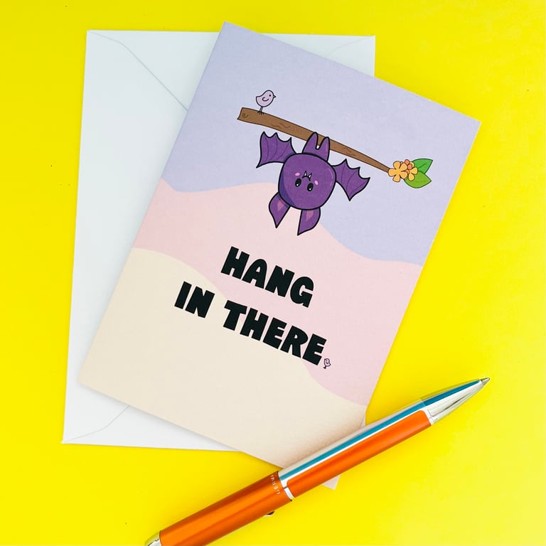 Hang in there card. Cute kawaii bat pun card