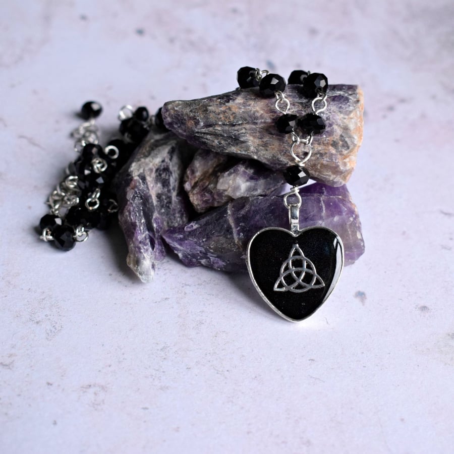 Triquetra Heart Necklace with Black Glass Beaded Chain