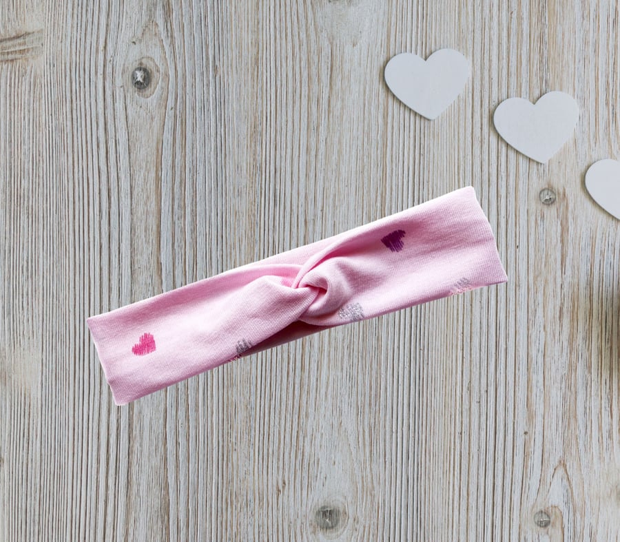 Babies Headband, Babies Hairband, Newborn Baby Headband, Pink-Silver Hearts-BAB1