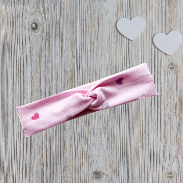 Babies Headband, Babies Hairband, Newborn Baby Headband, Pink-Silver Hearts-BAB1
