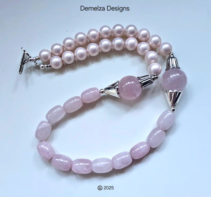 Designer Statement Natural Untreated Rose Quartz & Shell Pearl Necklace.