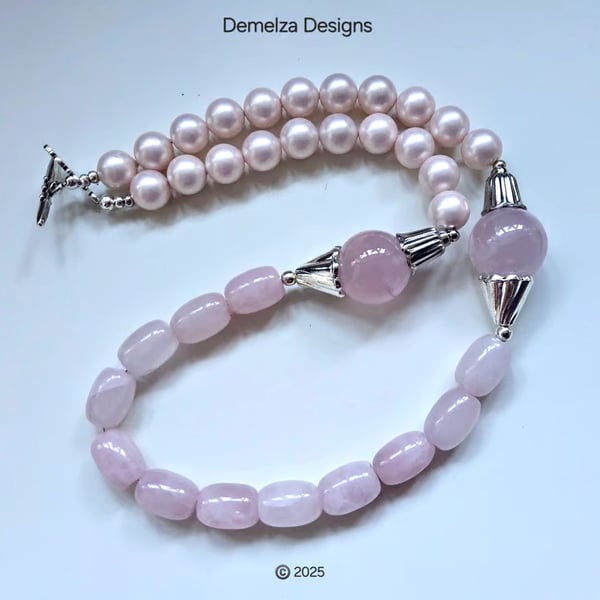 Designer Statement Natural Untreated Rose Quartz & Shell Pearl Necklace.