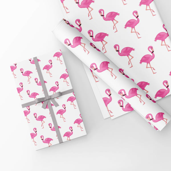Gift Wrap Pink-White Flamingos & Matching Gift Tag-Wrapping Paper-LG06
