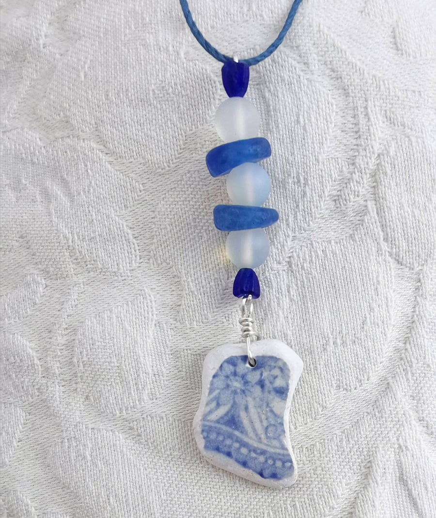 Sea Tumbled blue and white pottery, moonstone and Recycled Glass Necklace
