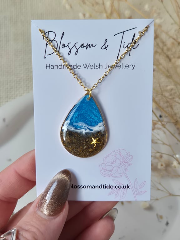 Beach Necklace with Real Welsh Sand – Ocean Resin Teardrop Pendant, Handmade