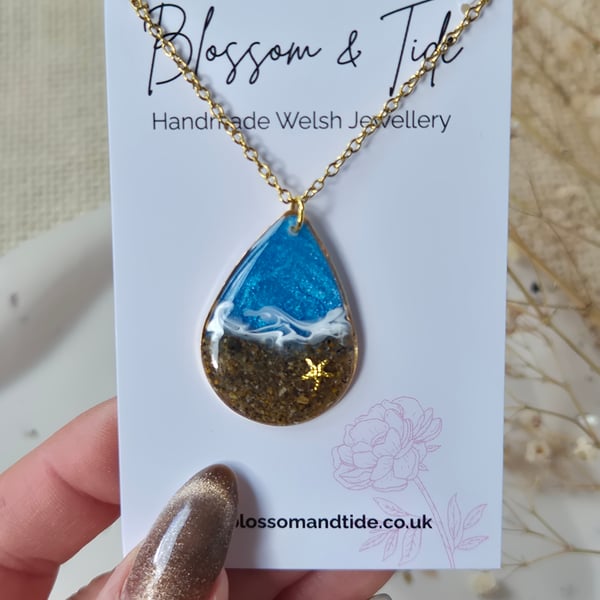 Beach Necklace with Real Welsh Sand – Ocean Resin Teardrop Pendant, Handmade