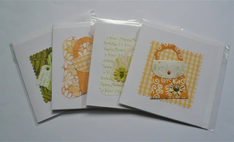 4 Pack HANDBAG Greetings Cards Green and Orange Sea Glass Shell Embellished 
