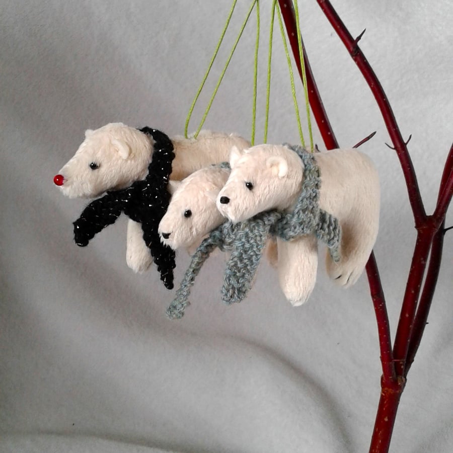 Set of 3 Christmas polar bears with scarves hanging decorations